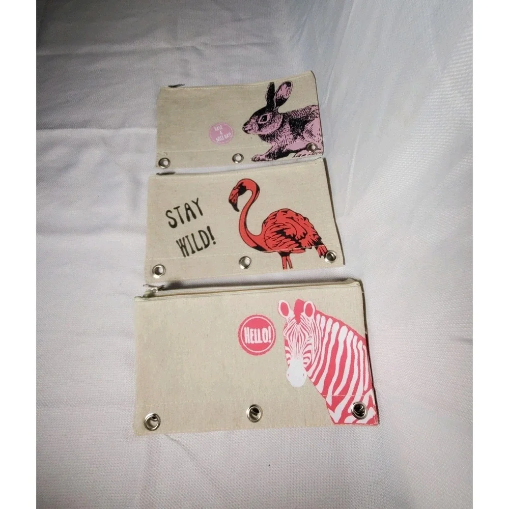 Lot of 7 Canvas 3 Ring Binder Pencil Pouches Zipper Cases Flamingo●Bunny●Zebra